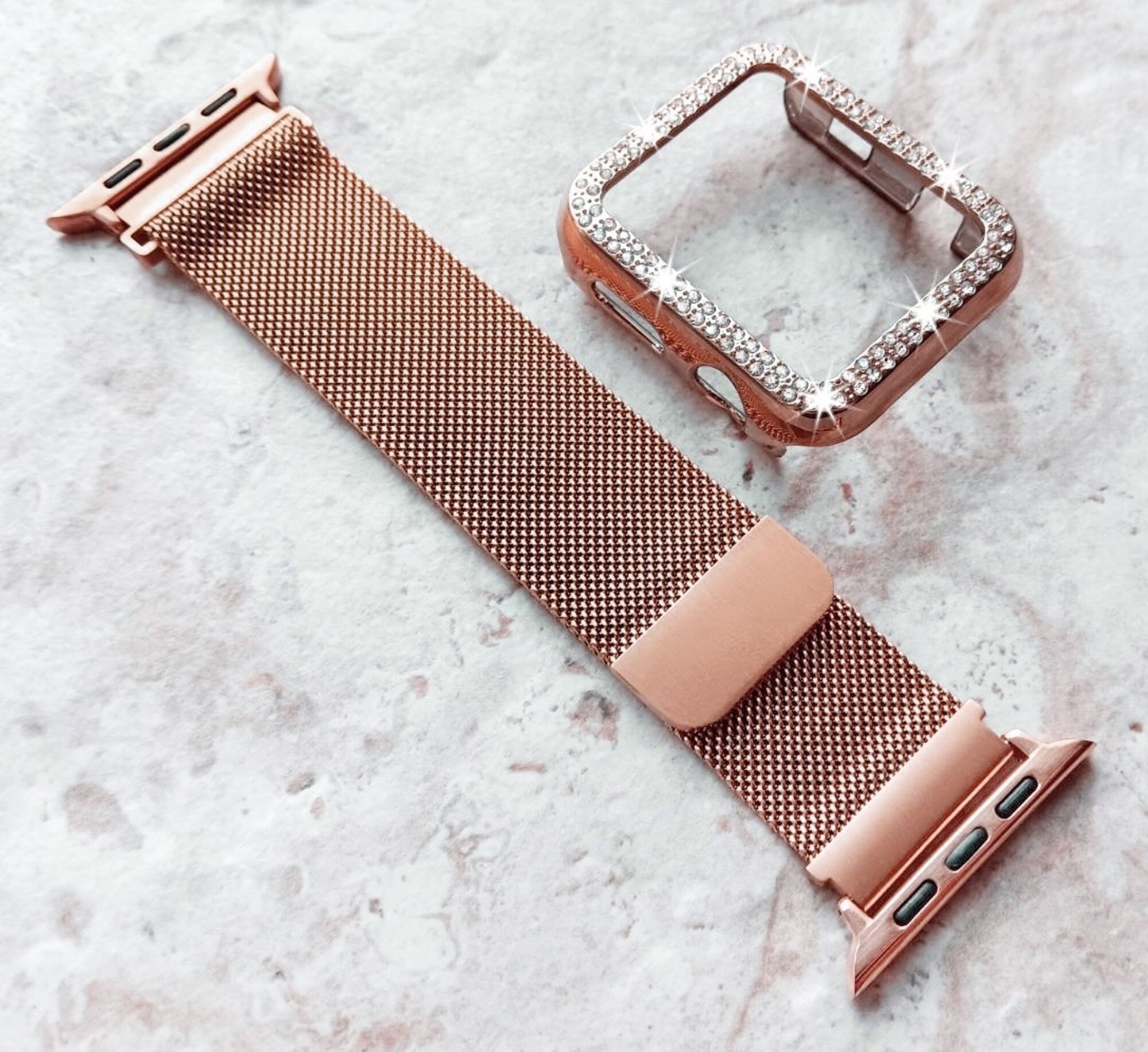 Apple Watch Rose Gold Color Band Kit Crystal Case Bezel Cover for Ultra 2 9 8 7 SE 6 5 4 3 2 1 49mm 45mm 44 42 41mm 40mm 38mm Milanese Strap